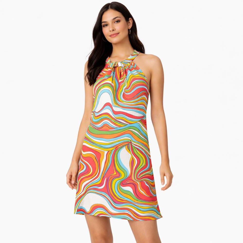 Jude Connally Psychedelic Swirl Halter Dress Keyhole A-Line S